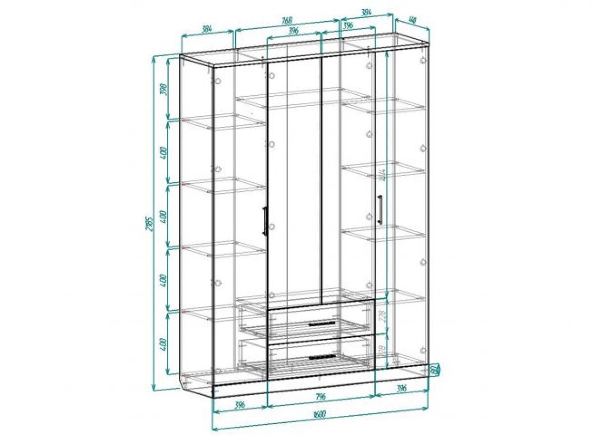 Шкаф 4-х створчатый НКМ ВЕНЕЦИЯ-1 Секция-26 (фасад центр. ЛДСП) Венге/Белое дерево | фото 3